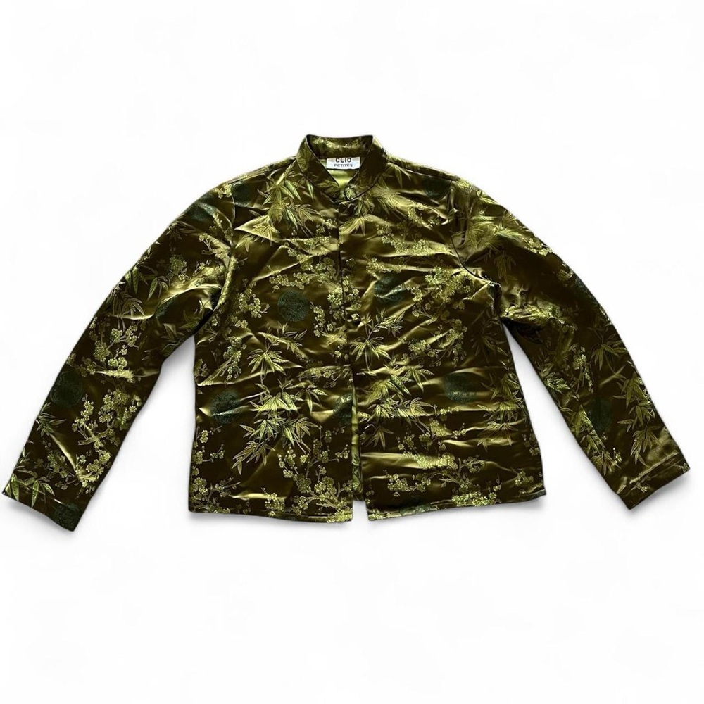 Clio Olive Green Elegant Silk Blend Blouse with Embroidered Floral Design
